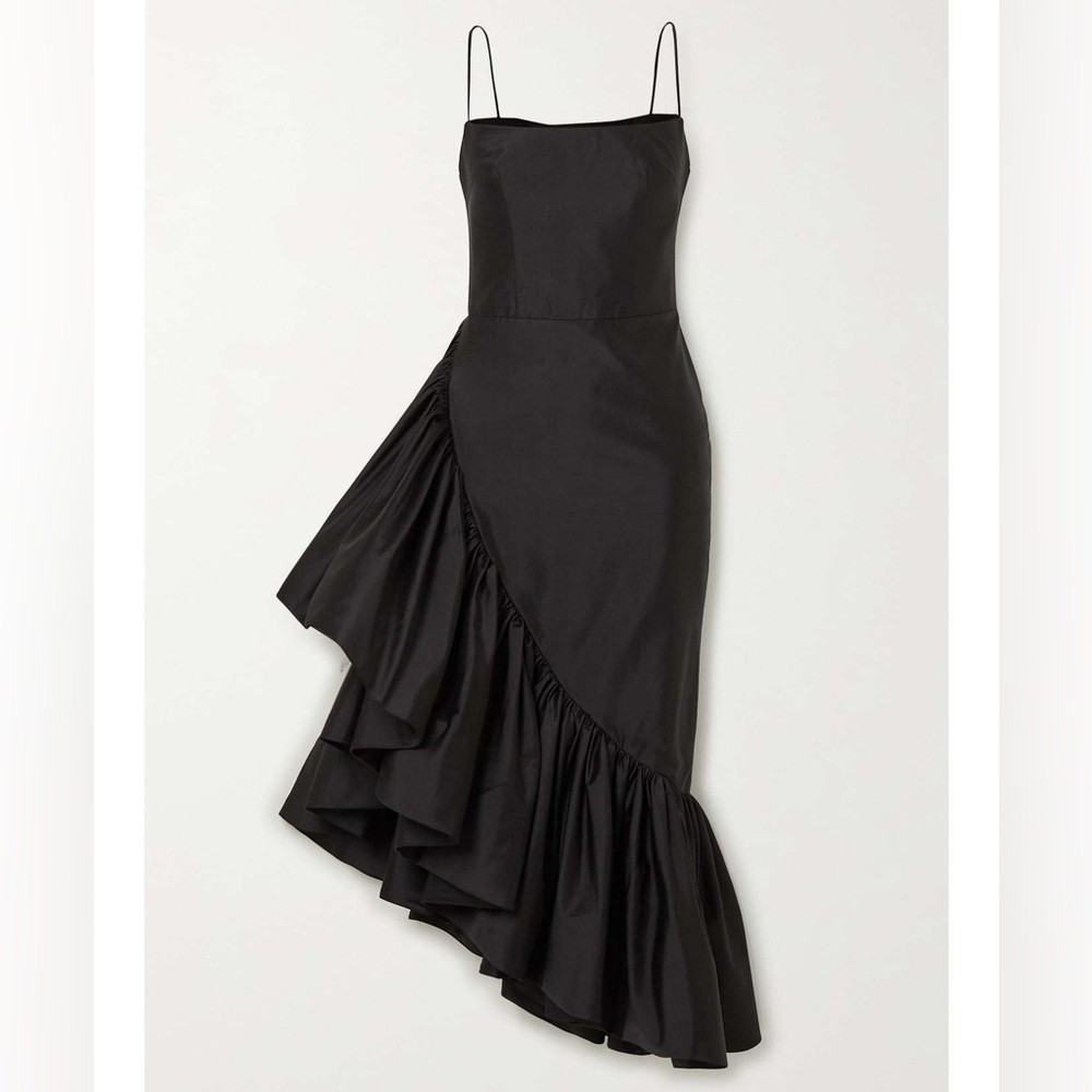 NWT Rasario Ruffled Asymmetric Silk Shantung Midi Dress Black IT 36 (US 0) - Picture 3 of 15